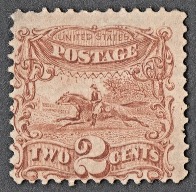 US Sc# 113 *MINT NO GUM* { 2c BROWN HORSE & RIDER } PICTORIAL OF 1869 CV$ 190.00 - Image 1 of 2