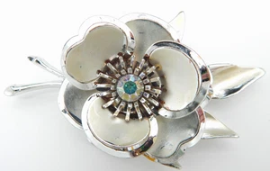 Fabuleuse broche ancienne argentée fleur aurore boréale superposée grande 3 3/4" x 2" - Photo 1/13
