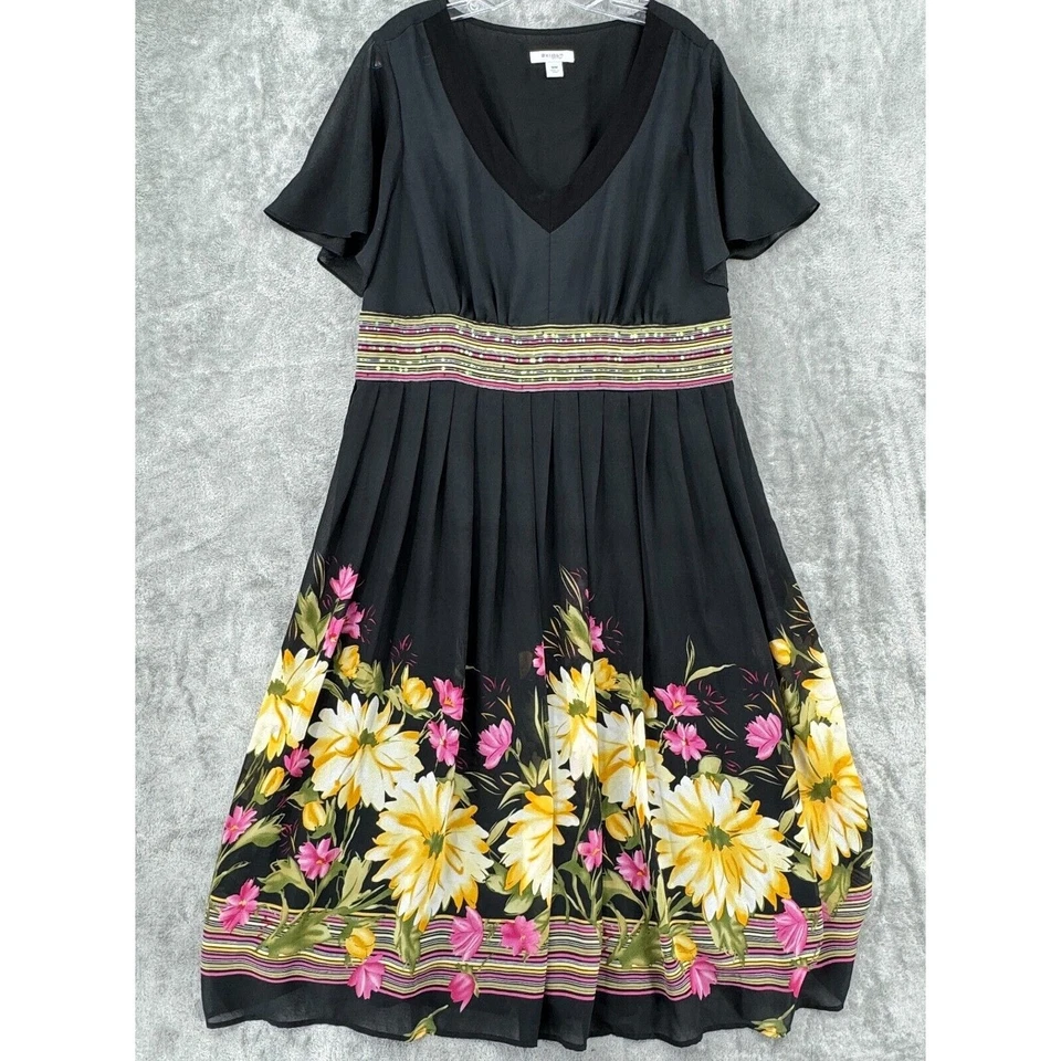 Dressbarn Dress 16W Maxi Floral Cottage Modest Prairie Chiffon Zip Lined Black - Image 1 of 4