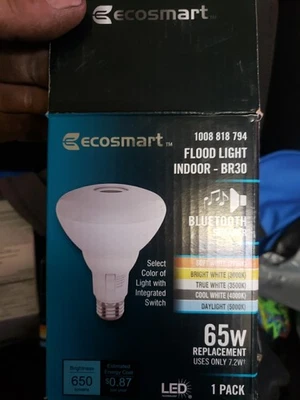EcoSmart Bluetooth Speaker LED Light Bulb Adjustable White Dimmable BR30 65W Eqv - Image 1 of 4