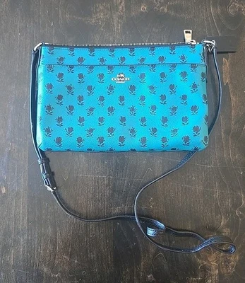 COACH Leather Floral Crossbody Bag ~ Removable Pouch Turquois Blue Roses Flowers - Image 1 of 4