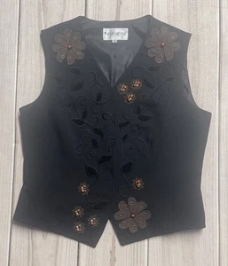 John Meyer Women’s Size 10 Floral Embroidered Leather Patch Beaded Vest Black - Picture 1 of 6