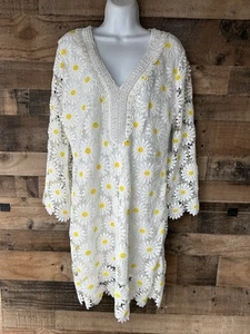 Boston Proper Daisy Floral Lace Dress Beaded Flare Sleeve White Gold Sz L - Picture 1 of 9