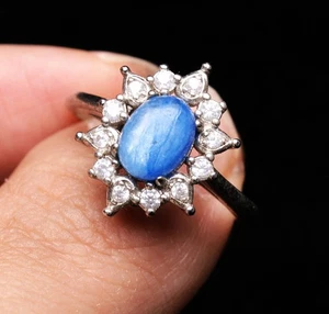 6*8mm Natural Blue Kyanite Cat Eye Crystal Gemstone Adjustable Ring AAAA - Picture 1 of 6