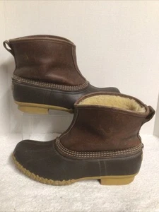 LL Bean Lounger Boots Leather Brown Duck Shearling Made in USA Maine Mens 12 W - Picture 1 of 9