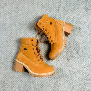 LUGZ Vintage warm braun Y2K Schnürstiefel mit Absatz klobig Arbeitsstiefel Kunst-Wildleder CAMP 8,5 - Bild 1 von 6