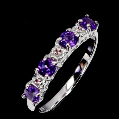 925 Sterling Silver Ring Round Amethyst 3mm Rhodolite Gemstone Jewelry Size 6.5 - Image 1 of 4