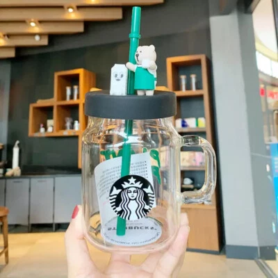 Nuevo Starbucks 600 ml Delantal Verde Taza Paja Oso 20oz Taza Vidrio Edición Limitada Foto 1 de 4