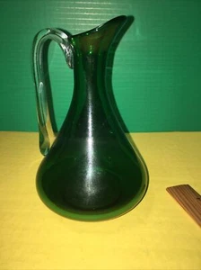 Vintage Handblown Green Glass Pitcher w/ Clear Handle - Picture 1 of 12