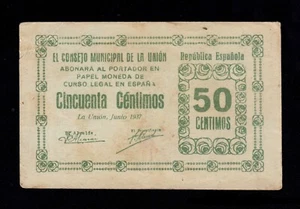F.C. LA UNIÓN (MURCIA) , 50 CÉNTIMOS 1937 , EBC- , SUCIO . - Imagen 1 de 2