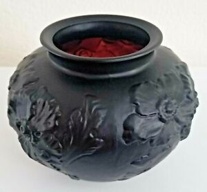 Antique Tiffin Black Amythest Satin Art Glass Bowl Vase Embossed Poppy Pattern