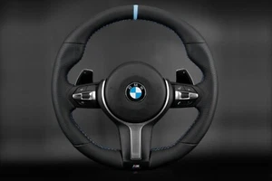 BMW F30 F31 F20 X4 X5 X6 M Flat Bottom Steering Wheel Perforated Nappa Blue Ring - Foto 1 di 8