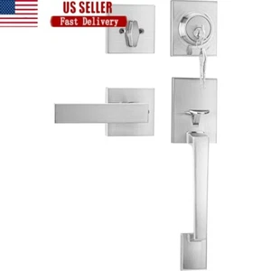 Front Door Handle Deadbolt Set Brushed Nickel Modern Hardware Easy Install New - Picture 1 of 7