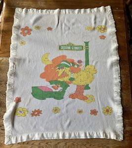 Vintage Sesame Street Big Bird Thermal Waffle Weave Baby Blanket Nylon Trim*