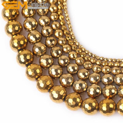 Gold Metal Bead Spacers Coated Faceted Hematite For Jewelry Making Strand 15" - Image 1 of 4