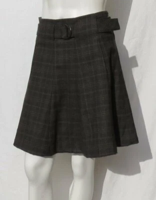 $139 NAU Brown Lodge Plaid Washable Stretch Wool METRIC Flared Skirt US S 4 EUC - Image 1 of 4