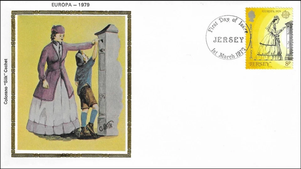 Mailbox Vintage Pillar Box Post 1860 Jersey UK GB Colorano Silk FDC 1979 - Image 1 of 1