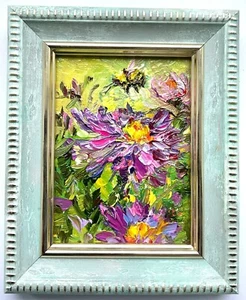 Wiesenblumen Honigbiene Original Ölgemälde Mini Kunst 3x2,5 Zoll so - Bild 1 von 5