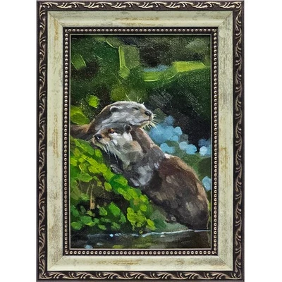 Pintura al óleo original nutrias por río enmarcada 4x6 vida silvestre animal naturaleza arte Foto 1 de 4