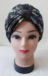 Vintage 1960's, Retro 1930's Black, Purple & Blue Floral Print Fabric Turban Hat - Picture 1 of 7