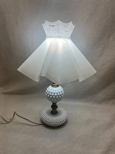 Vintage 1950’s White Milk Glass Hobnail Electric Lamps white Ruffle Shade - Picture 1 of 7