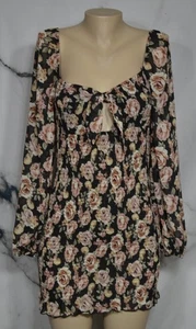 WINDSOR Black Multicolor Floral Print Smocked Top Mini Dress Large Ties at Bust - Picture 1 of 9