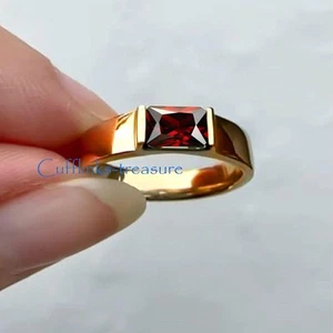 Natural Garnet Gemstone with  18 K Gold Plated 925 Sterling Silver Men's Ring #4 - Picture 1 of 6
