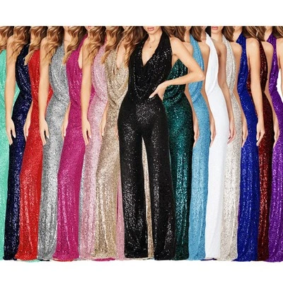 Pailletten Jumpsuit für Damen ärmellos V-Ausschnitt weites Bein für Party und - Bild 1 von 4