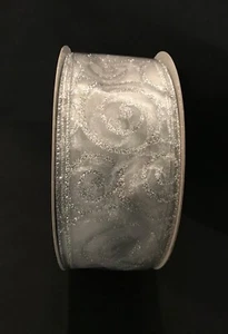 HUGE ROLL Sheer Silver Glitter Swirls Wired Ribbon 2.5" 50 Yds 2 1/2" Wire Edged - Picture 1 of 5