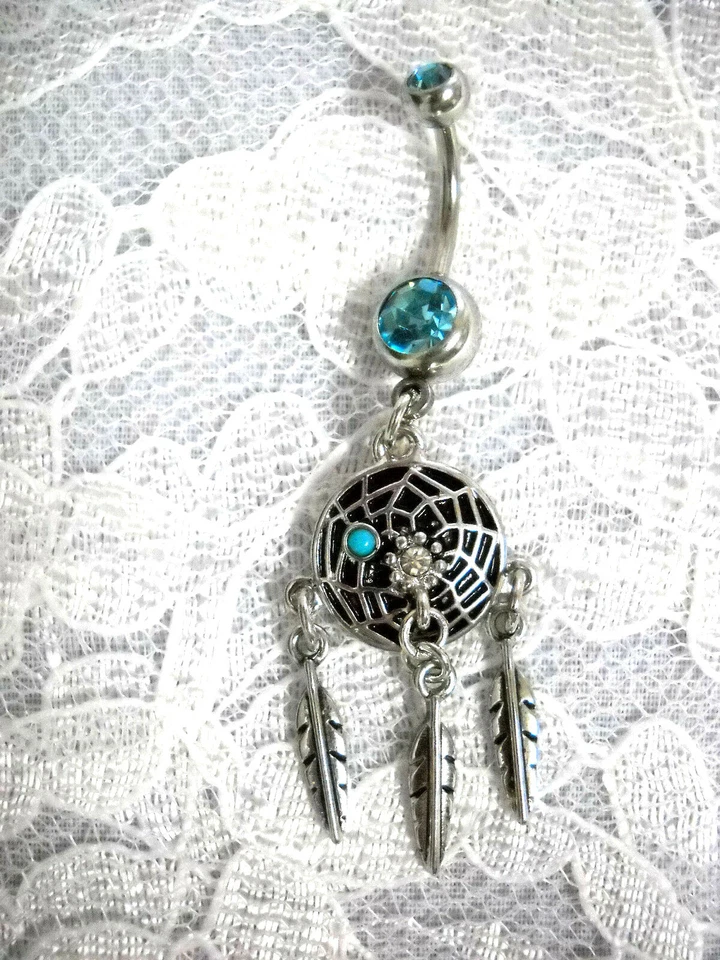NEW SPIRIT WEB DREAM CATCHER w CRYSTAL & 3 FEATHER 14g BLUE CZ BELLY BUTTON RING - Image 1 of 1