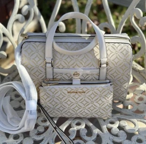 Michael Kors Travel Medium Logo Duffle Satchel Bag+ Double Zip Wallet(Pale Gold) - Picture 1 of 16