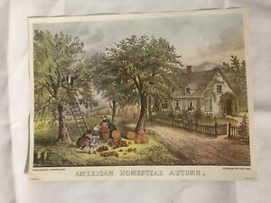 Vintage Currier & Ives American Homestead Autumn Lithograph 9x12"