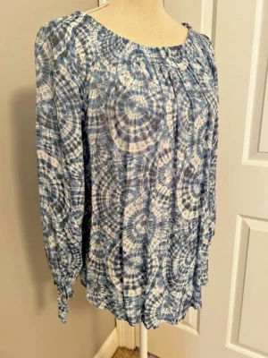 SPENSE~TALLA GRANDE~AZUL Y GRIS TIE-DYE~MANGA 3/4~TOP TÚNICA CAMPESINO-BOHO~L Foto 1 de 4