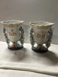 Pair Antique Old Paris Spill Vase White Blue Gold Circa 1800's - Picture 1 of 6