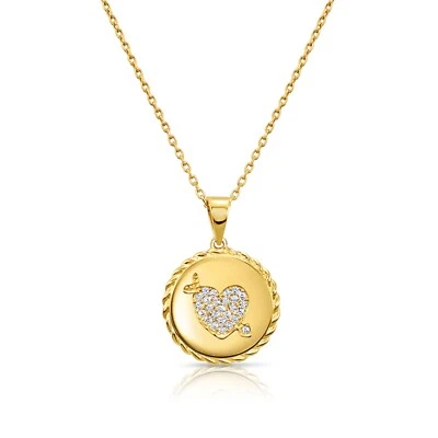 14K Real Solid Yellow Gold Dainty Pave Heart CZ Disc Pendant Charm Necklace 18in - Image 1 of 4
