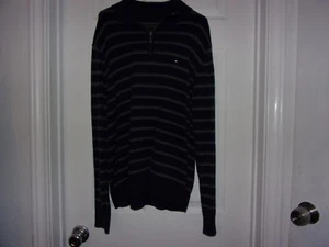 Mens Gray & Navy Striped Sweater Size M-L By Tommy Hilfiger - Picture 1 of 3