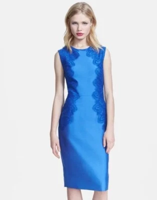 Vestido midi vaina mezcla seda lana encaje azul rosa talla 6 Foto 1 de 4