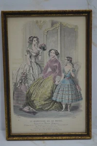 Vintage Print Etching "Le Moniteur De La Mode" Professionally Framed Colored - Picture 1 of 10
