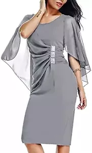 💘2XL💘 GRIS Hanna Nikole Vestido de Fiesta Superpuesto Gasa Manga Poncho - Imagen 1 de 2