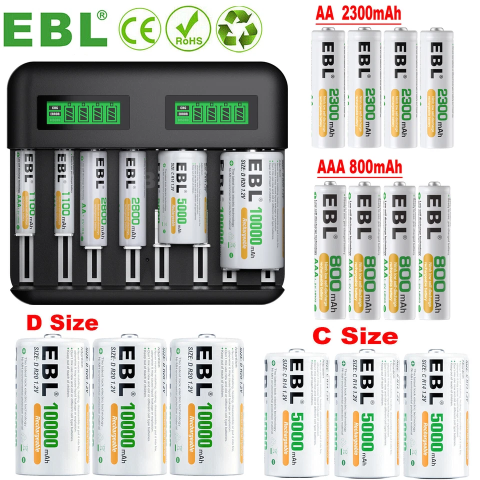 Lot EBL AA AAA C D Cell Rechargeable Batteries NI-MH 1.2V Battery / LCD Charger - Image 1 of 4