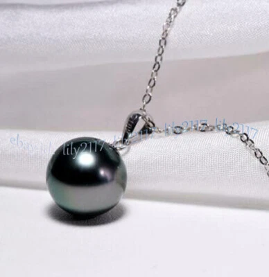 Elegante Cadena Plata Colgante Perla Tahití 14k Perla Tahití Verde Natural Redonda 9-10mm Foto 1 de 4