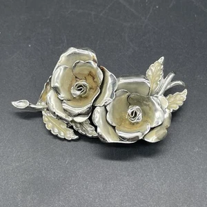 Vtg Coro Double Rose Flower Brooch Pin ~ Silver tone - Picture 1 of 8