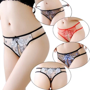 Women's Floral Thongs Panties Crotchless Underwear Lingerie G-string Lace Briefs - Picture 1 of 12