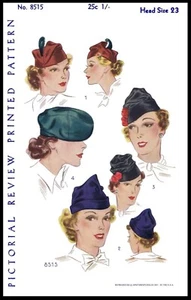 Pictorial Review # 8515 Hat Beret Cap Fabric Sewing PATTERN Vintage 1930's ~23"~ - Picture 1 of 4