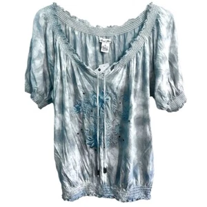 Adobe Star Artsy Boho Tie Dye Short Sleeve Shirt Blue Embroidered Smocked XL - Picture 1 of 8
