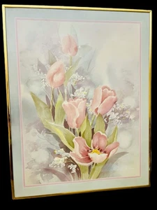 Vintage Sally Burrhus Pastel Floral Framed Art Print Gold Tone Frame 80s - Picture 1 of 3