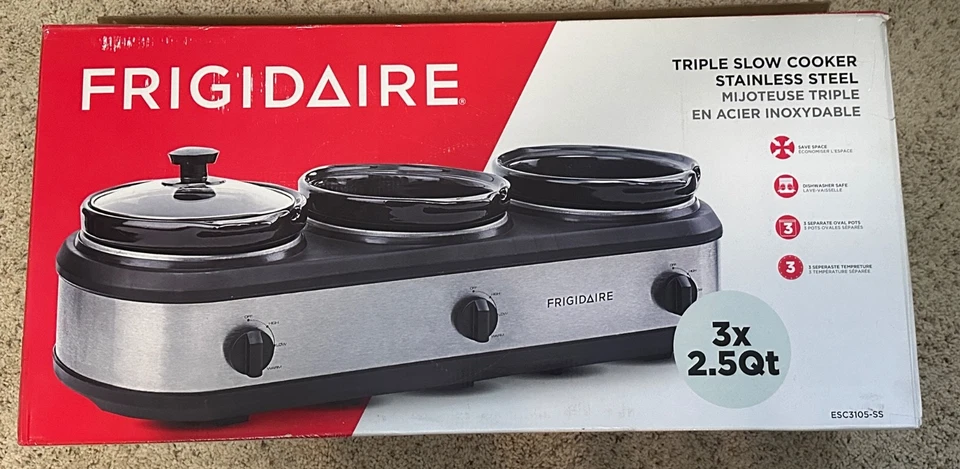 FRIGIDAIRE ESC3105-SS Slow Cooker Buffet Server 3 Pot Food Warmer Stainless NEW - Image 1 of 1