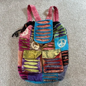 Patchwork Backpack Hippie Boho Drawstring Peace Sign Festival Travel Bag - Picture 1 of 7