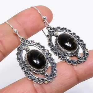 Copper Black Turquoise Gemstone 925 Sterling Silver Earring 2.0" a716 - Picture 1 of 7