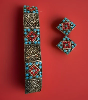 Pulsera y pendientes vintage Western elástico tono plata imitación turquesa/coral ver Foto 1 de 4